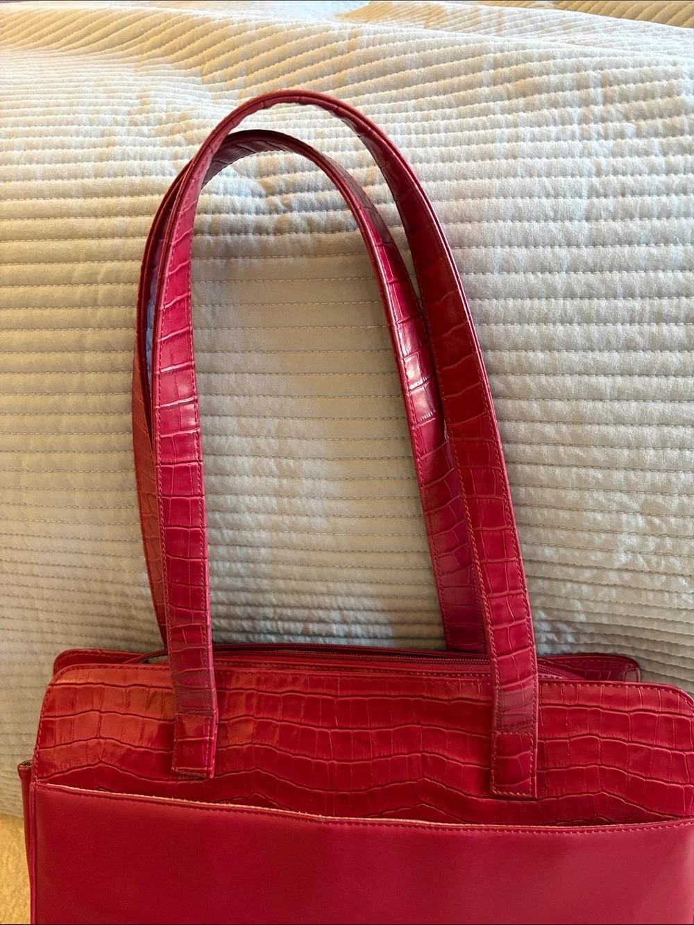 Buxton Stylish Red Women’s Tote Bag with Croc-Texture Trim
